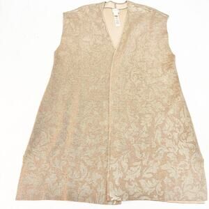 Chico's Embossed Patterned Open Long Sleeveless Cardigan Tan Gold Size 3